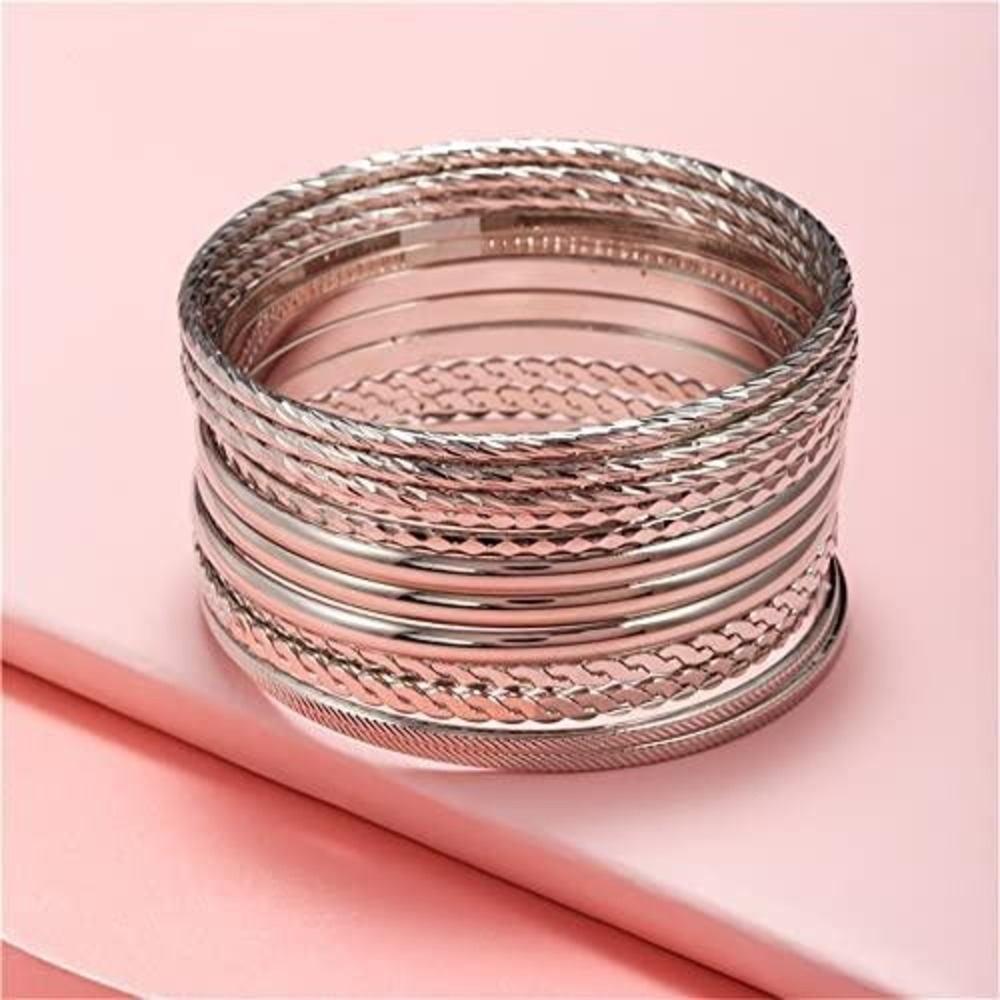 Silver Stackable Bangle Bracelet Set Textured Multi Piece High Polish Jewelry
